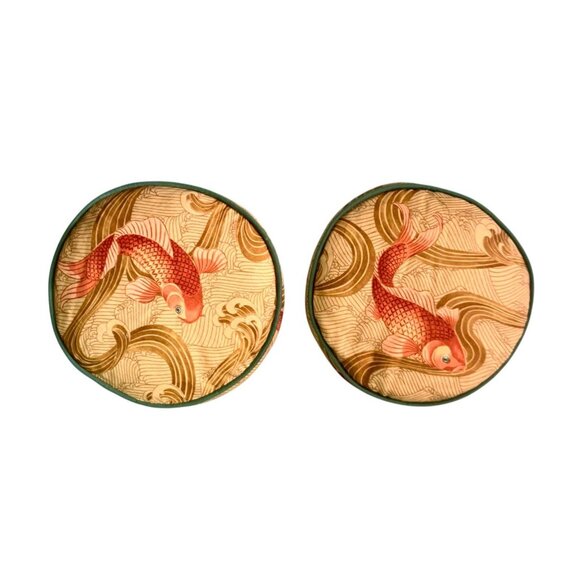 Decorative Pillow Pair Round Cushion Koi Fish Design Vintage Oriental Decor